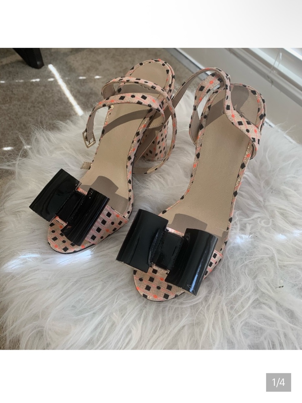 Women’s Pink Patterned Heeled Sandals with Black Bow
